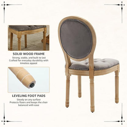 Vintage French Dining Chairs Set of 6, Round Back Velvet Upholstered Accent Chairs with Nailhead Trim and Solid Wood Frame, Elegant Sillas de Comedor for Dining Room & Kitchen, Gray