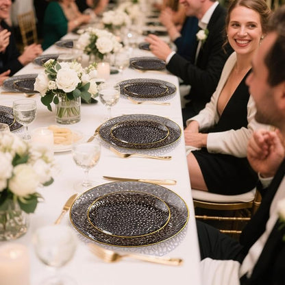 DaYammi 60 Pieces Black Gold Plastic Plates - 10 inch Clear Dinner Plates - Hammer Pattern Design - Fancy Clear Black and Gold Disposable Plates for Party and Wedding