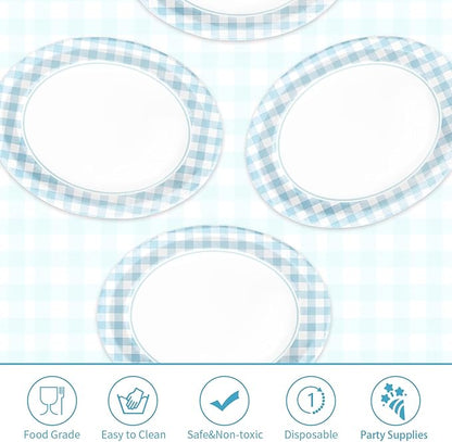 50PCS Light Blue Gingham Paper Oval Plates 10" X 12" Disposable Light Blue and White Gingham Party Plates Disposable Heavy Duty Checkered Plaid Dinnerware for BBQ Gathering Picnic Baby Shower Birthday