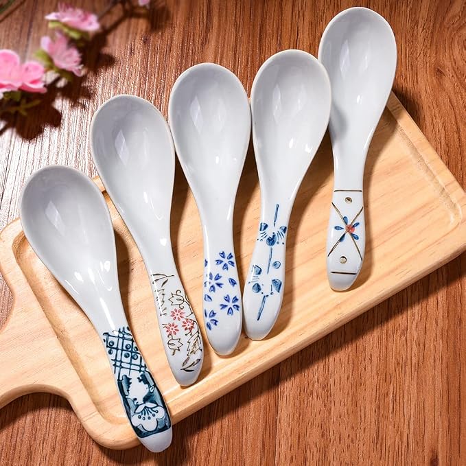 Japanese Style Ceramic Soup Spoons Set of 5, and Painted Porcelain Blue and - Image 3
