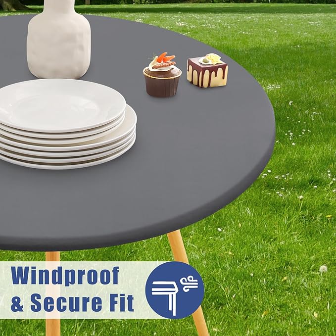 Round Spandex Tablecloth 2 Pack, Elastic Fitted Waterproof Tablecloths for 18"-24" Tables, Stretch Washable Picnic Table Cover for Camping, Dining, Indoor and Outdoor, Grey