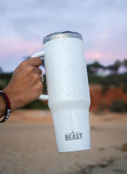 Beast 42 oz Tumbler with Handle Stainless Steel Vacuum Insulated Coffee Ice Cup Double Wall Travel Flask (Arctic White)