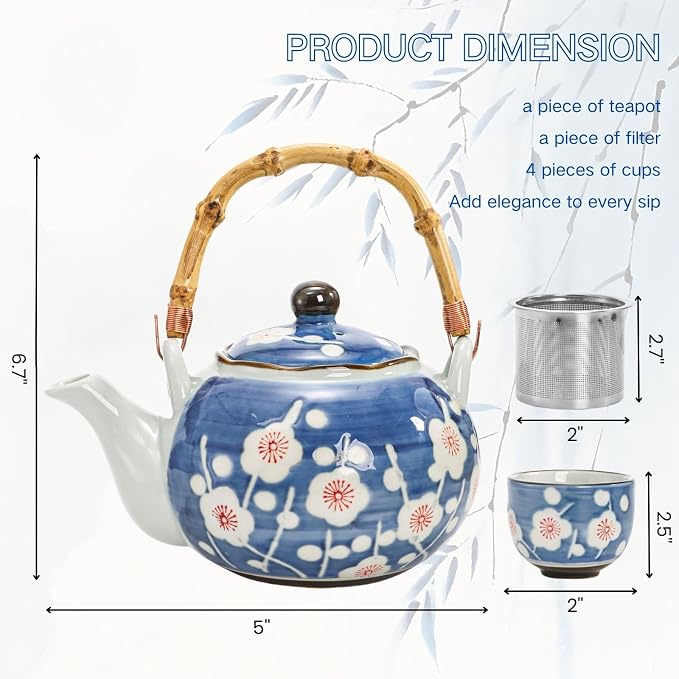 Japanese Tea Set, Ceramic Floral Tea Pot and 4 Pieces Cups | Traditional Bone - Image 2