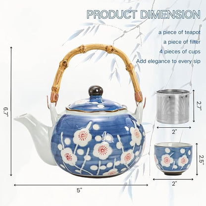 Japanese Tea Set, Ceramic Floral Tea Pot and 4 Pieces Cups | Traditional Bone - Image 2