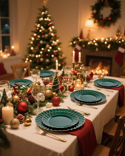 YOUBET 175PCS Green Scalloped Plastic Plates - Green and Gold Disposable Dinnerware Set Include 50 Plates, 75 Gold Silverware, 25 Cups, 25 Napkins for Party & Wedding