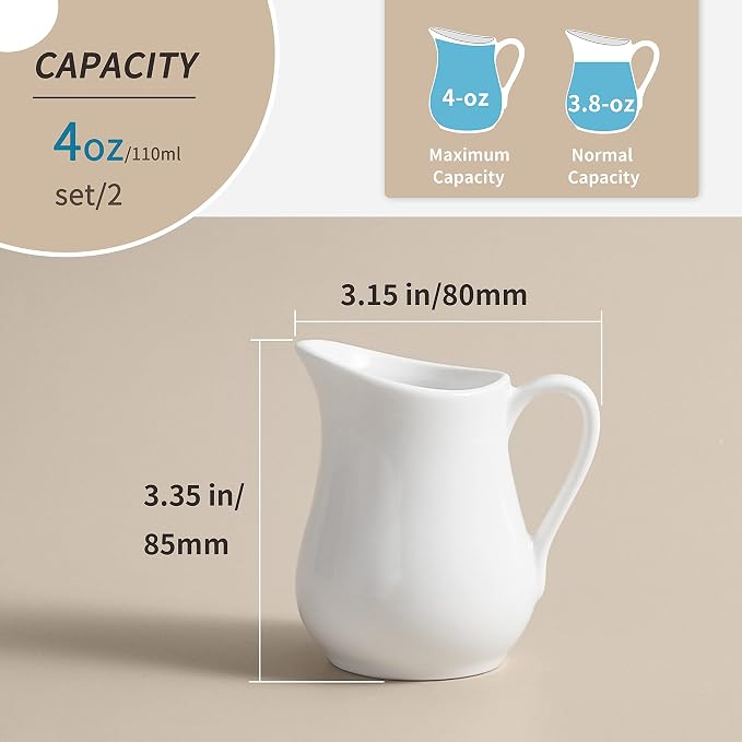 Gurygo 2 Pack 4 Oz Classic White Ceramic Small Creamer Pitcher - Image 9
