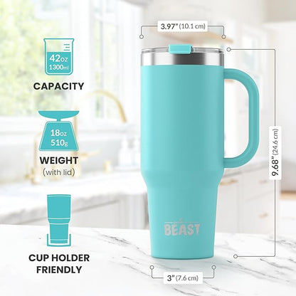Beast 42 oz Tumbler with Handle Stainless Steel Vacuum Insulated Coffee Ice Cup Double Wall Travel Flask (Aqua Blue)