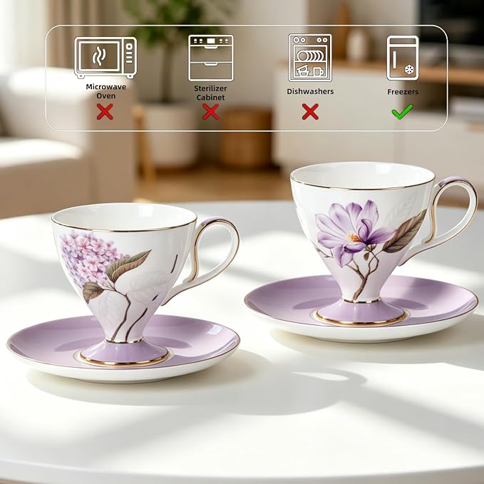 KAMMAK Tea Cups Set of 2, Ceramic Floral Pattern Demitasse Cup | Porcelain - Image 7
