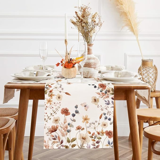 Fall Brown Flowers Table Runner Butterfly Burlap Table Runners, Autumn Harvest - Image 2
