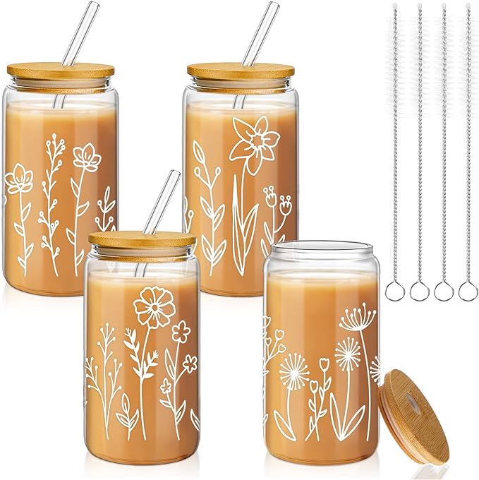 Mumufy 4 Pack Glass Cups Gift Aesthetic Cute Glass Cup Tumbler Flower Iced by Mumufy