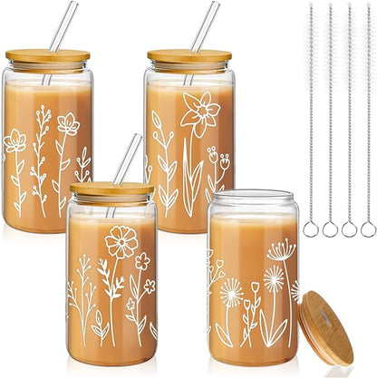 Mumufy 4 Pack Glass Cups Gift Aesthetic Cute Glass Cup Tumbler Flower Iced by Mumufy