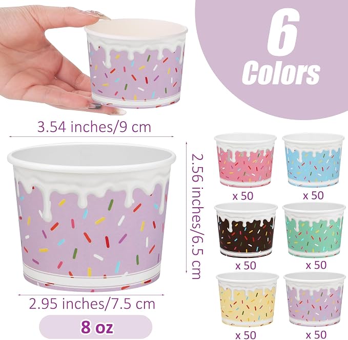 Aodaer 300 Pack 8oz Paper Bowls Sprinkles Ice Cream Cups 6 Color Disposable - Image 2
