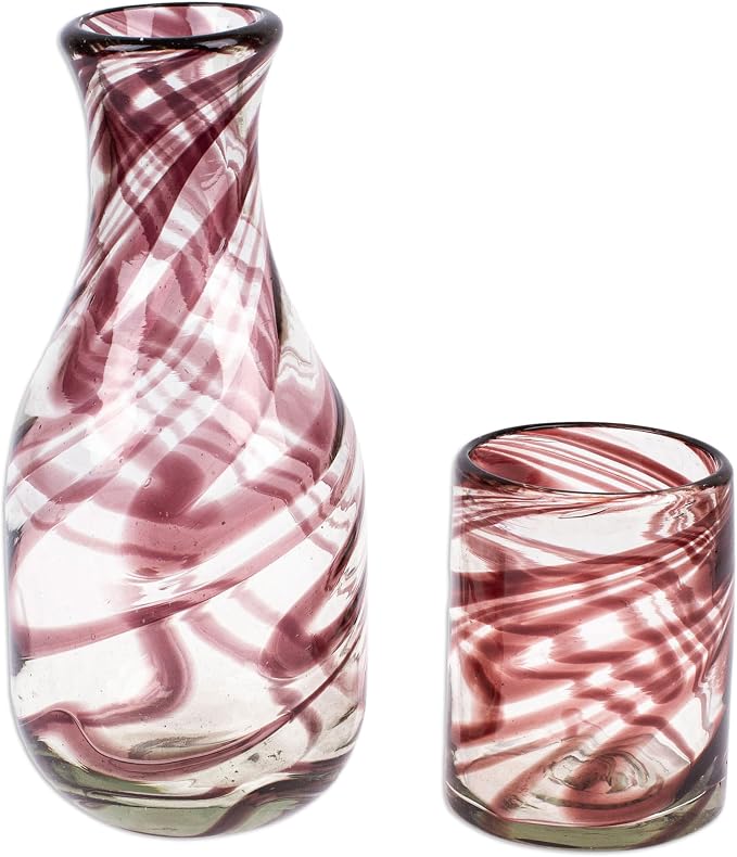 NOVICA Artisan Handblown Recycled Glass Carafe Brown Cup Clear Mexico Tableware by Novica