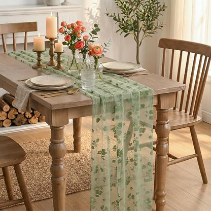Artoid Mode Sage Green Gauze Flocking Flowers Table Runner 10FT, Spring Sheer - Image 4