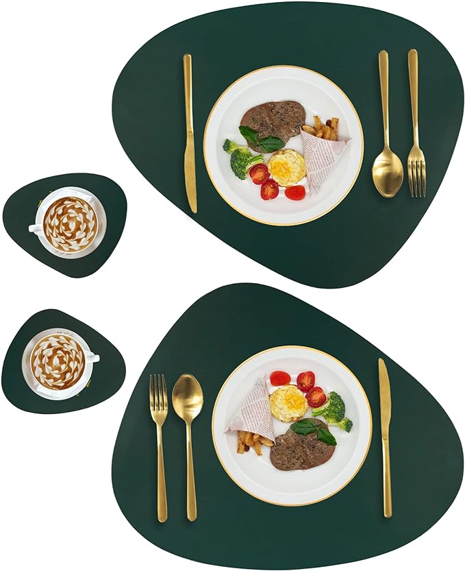 Leather Placemats for Dining Table Set of 2, Heat Resistant Easy to Clean Wipeable Waterproof Washable Modern Placemats for Kitchen Diner Table, Non Slip Anti-Skid Irregular Table Mats, Green