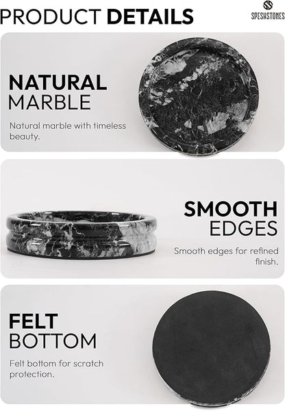 Marble Jewelry Dish 5 Inch Handmade Black Small Trinket Dish, Necklace & Ring Holder for Vanity Decor Accessories, Candle Plate, Key Bowl & Perfume Organzier, Gifts for Women