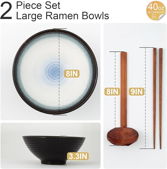 8 Inch Ceramic Ramen Bowl Set of 2, 40oz Japanese Bowls - Image 2
