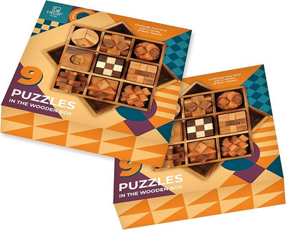 BSIRI 9 in 1 Wooden Brain Teaser Puzzles for Adults Teens Box Set Wood Hard Level 10 Impossible Mind Wood Brain Teaser Games 3D Hand Puzzle Sets for Decoration and Mini Toys