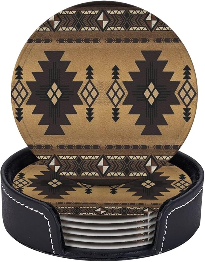 6 Pcs Brown Western Southwest Modern Geometric Abstract Art Leather Coasters by Jfniub