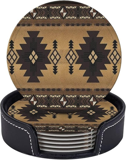 6 Pcs Brown Western Southwest Modern Geometric Abstract Art Leather Coasters by Jfniub