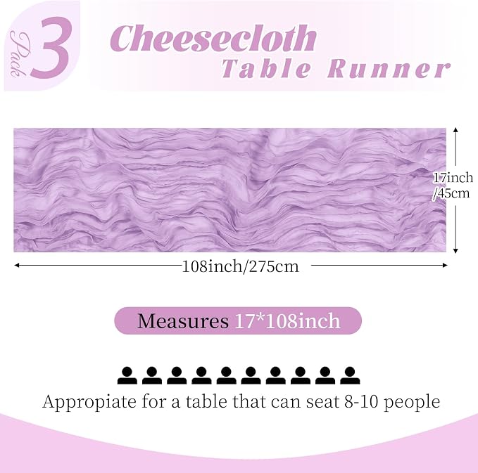 3 Pack Lavender Cheesecloth Table Runner, 17 x 108 Inch, Gauze Cheese Cloth - Image 2