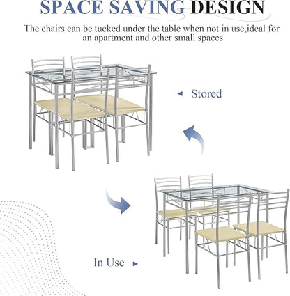 VECELO Dining Table Set for 4, 5-Piece Glass Kitchen Table with Chairs for Small Space, Breakfast Nook, Space-Saving, Silver
