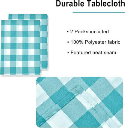 Plaid Tablecloth 2 Pack, 54 x 80 inch, Turquoise and White | Waterproof - Image 4