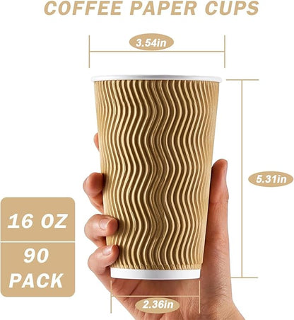 90 Pack 16 oz Disposable Coffee Cups No Lids, Champagne Insulated Ripple Wall Paper Coffee Cups 16oz, Kraft Corrugated Beverage Paper Cups for Hot Chocolate, Home, Travel, Office, Tea