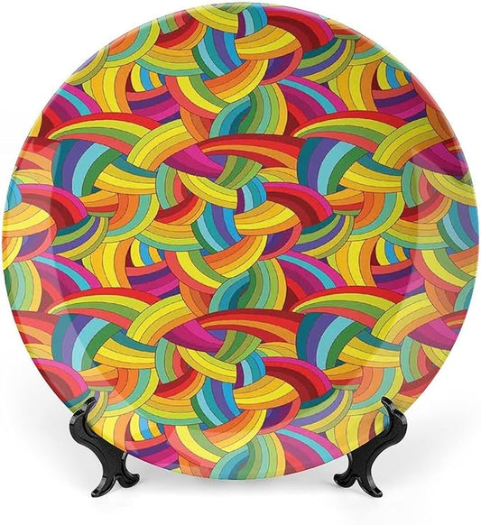Ceramic Display Plate, Abstract Decor Ceramic Hanging Decorative Plate, Colorful Rainbows Wheels Spiral Wavy Fashionable, 10 Inch, Living Room Kitchen Decoration Household, Multy