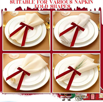 Riceshoot Velvet Bow Napkin Rings Bows with Gold Semicircle Metal Napkin Ring Velvet Bow Holder for Wine Bottles Table Settings Candlestick Wedding Valentine's Day Dinner(Claret Red,12 Pcs)
