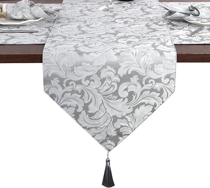 EHouseHome Jacquard Damask Reversible Silver Grey Table Runners - Image 2