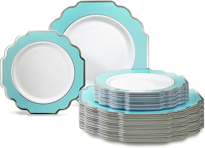 " OCCASIONS " 120 Plates Pack,(60 Guests) Heavyweight Premium Wedding Party Disposable Plastic Plates -60 x10.5'' Dinner + 60 x 8'' Salad/Dessert (Imperial Aqua & Silver)