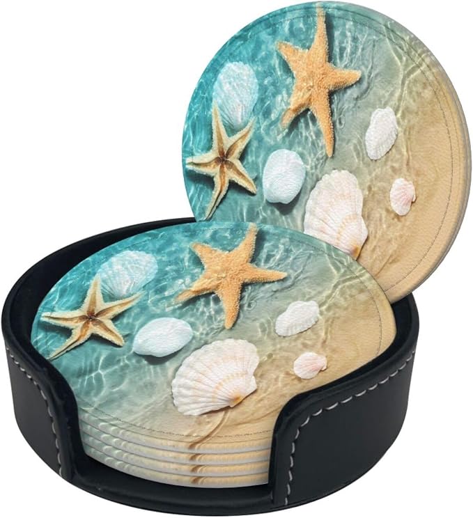 6 Pcs Coastal Beach Ocean Leather Coasters - Image 2
