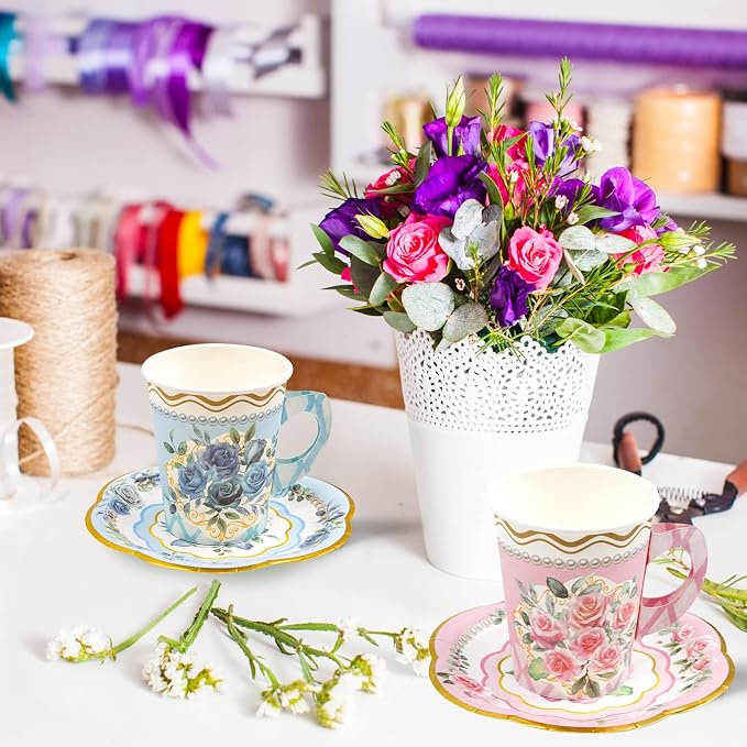 WorldBazaar Floral Tea Party Dinnerware Disposable Cups and Saucers 24 Set | 9oz - Image 7