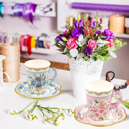 WorldBazaar Floral Tea Party Dinnerware Disposable Cups and Saucers 24 Set | 9oz - Image 7