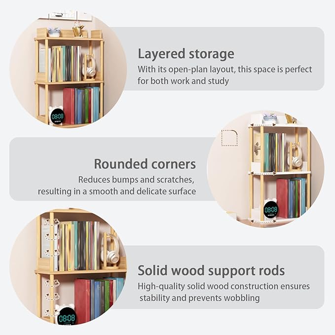 Desktop Organizer Shelf, Multi Tier Wood Tabletop Bookshelf, Space Saving Countertop Storage Rack for Office, Bedroom, Living Room(Warm White,19.6 * 7.8 * 26.7in)