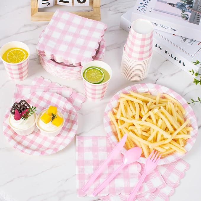 Vyntra 175 Pcs Pink & White Checkered Gingham Paper Plates and Napkins Set - Image 7