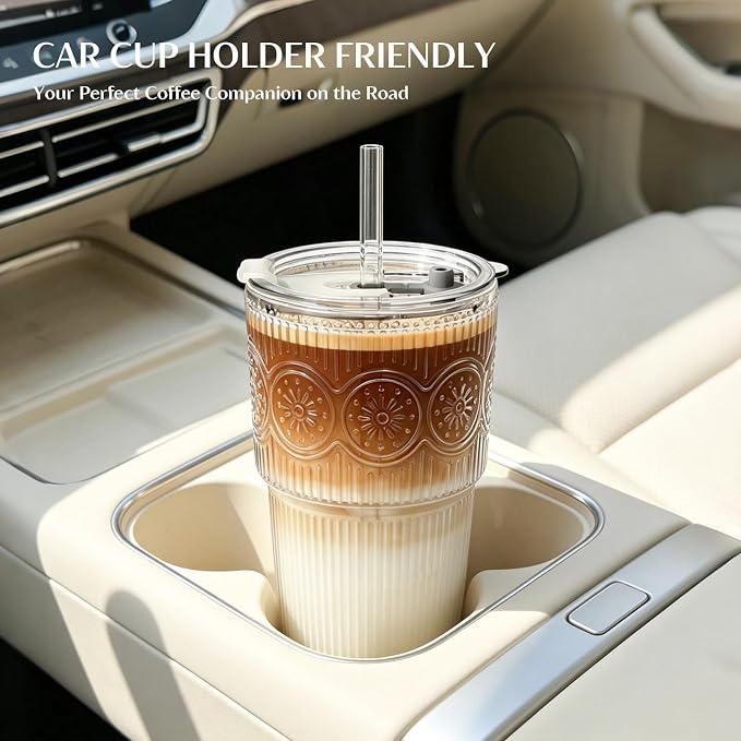 INSETLAN 20oz Ribbed & Floral Glass Tumblers - Image 7