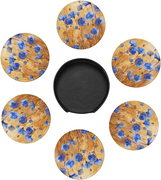 Flowers Plant Floral Blue Leather Coasters Set of 6 - Image 5
