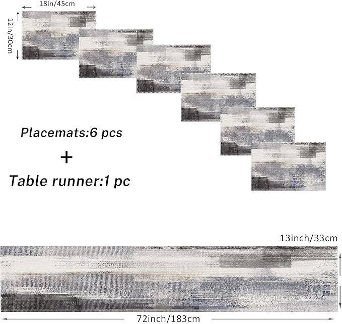 Emvency Table Runner and Placemats Set of 6, Abstract Gray Grey | Dark Art - Image 2