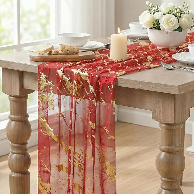 Artoid Mode Marble Pattern Red Gauze Table Runner 10FT, Glitter Metallic Foil - Image 5