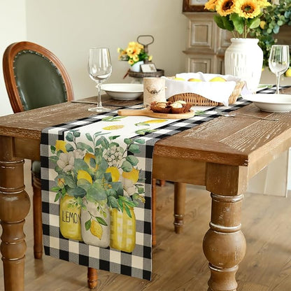 Black Buffalo Check Summer Table Runner 13 x 36 Inch, Lemon Vase Spring - Image 3