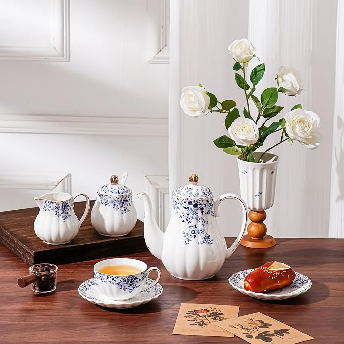 Ceramic Tea Set Vintage Floral, Teapot， Cup and Saucer Set, Sugar Bowl and - Image 4