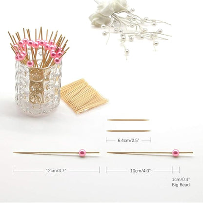 Minisland Pink Pearl Cocktail Picks, 4.7 Inch Long Bamboo Fancy Toothpicks for Appetizers, Decorative Valentines Baby Shower Holiday Party Food Drink Garnish Fruit Skewer Sticks 100 Counts - MSL153
