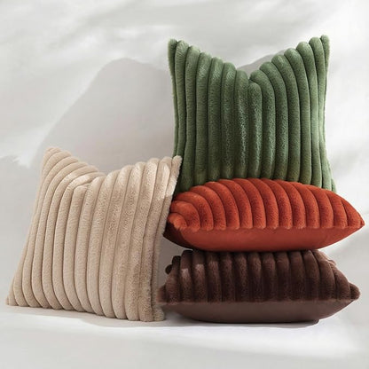 decorUhome Cozy Faux Fur Throw Pillow Covers 12x20 Set of 2 Decorative Soft Plush Striped Lumbar Modern Farmhouse Boho Couch Pillow Cases with Velvet Back for Sofa Bed Living Room, Dark Brown