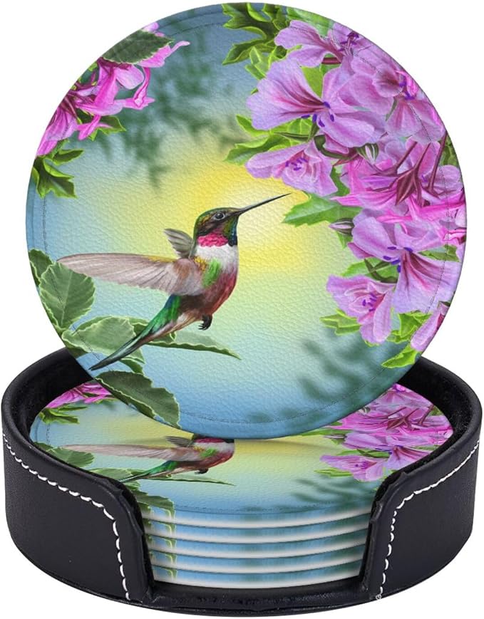 6 Pcs Hummingbirds and Brilliant Flowers Nature Landscape Leather Coasters by Jfniub