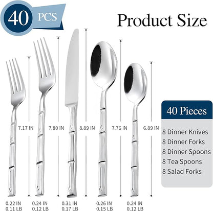 Silverware Set 40-Piece Bamboo Pattern Service - Image 2