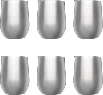 DISCOUNT PROMOS Stemless Wine Glass Tumblers with Lids by Largo 11 oz. Set of 6, Bulk Pack - Perfect for Wine, Cocktails, Other Hot & Cold Beverages - Silver