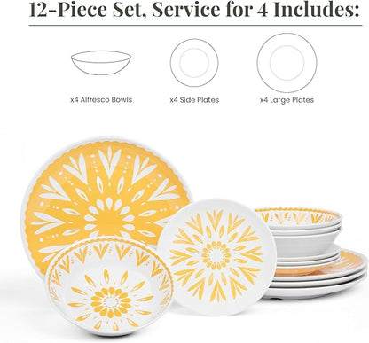 Larder & Vine 12-Piece Melamine Dinnerware Set: Durable, Lightweight, Break-Resistant Plates & Bowls – Stylish, Non-Toxic, Dishwasher Safe – Ideal for Everyday Use, Indoor & Outdoor Dining – Floral