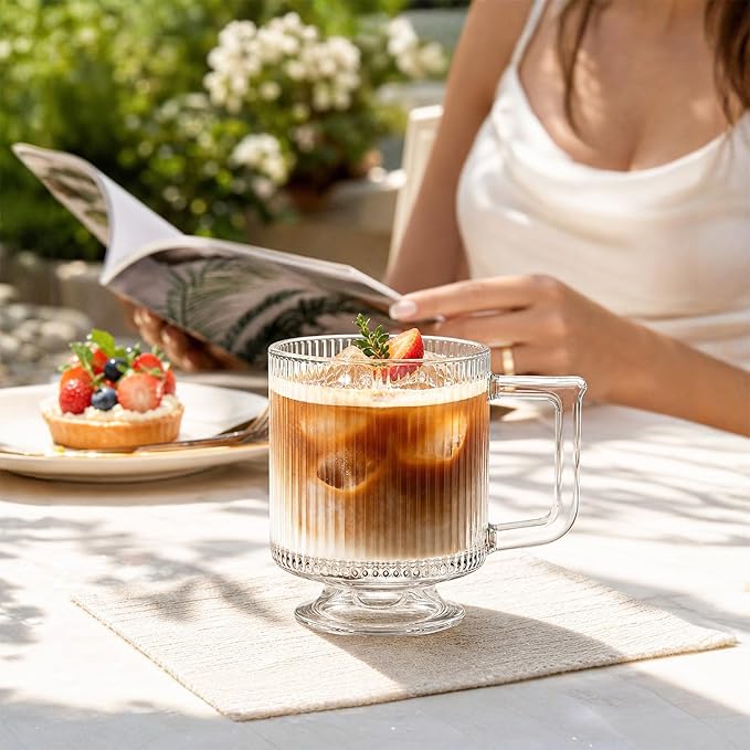 INSETLAN 6-Piece Ribbed Glass Coffee Mug Set, 10 oz Clear Glass Tea Cups - Image 7